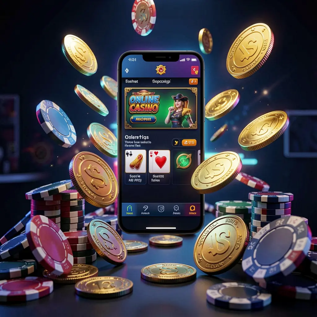 57 JL online casino app promotion banner with a phone floating above golden coins and poker chips against a dark blue and black background with cinematic neon glow in a realistic 3D render