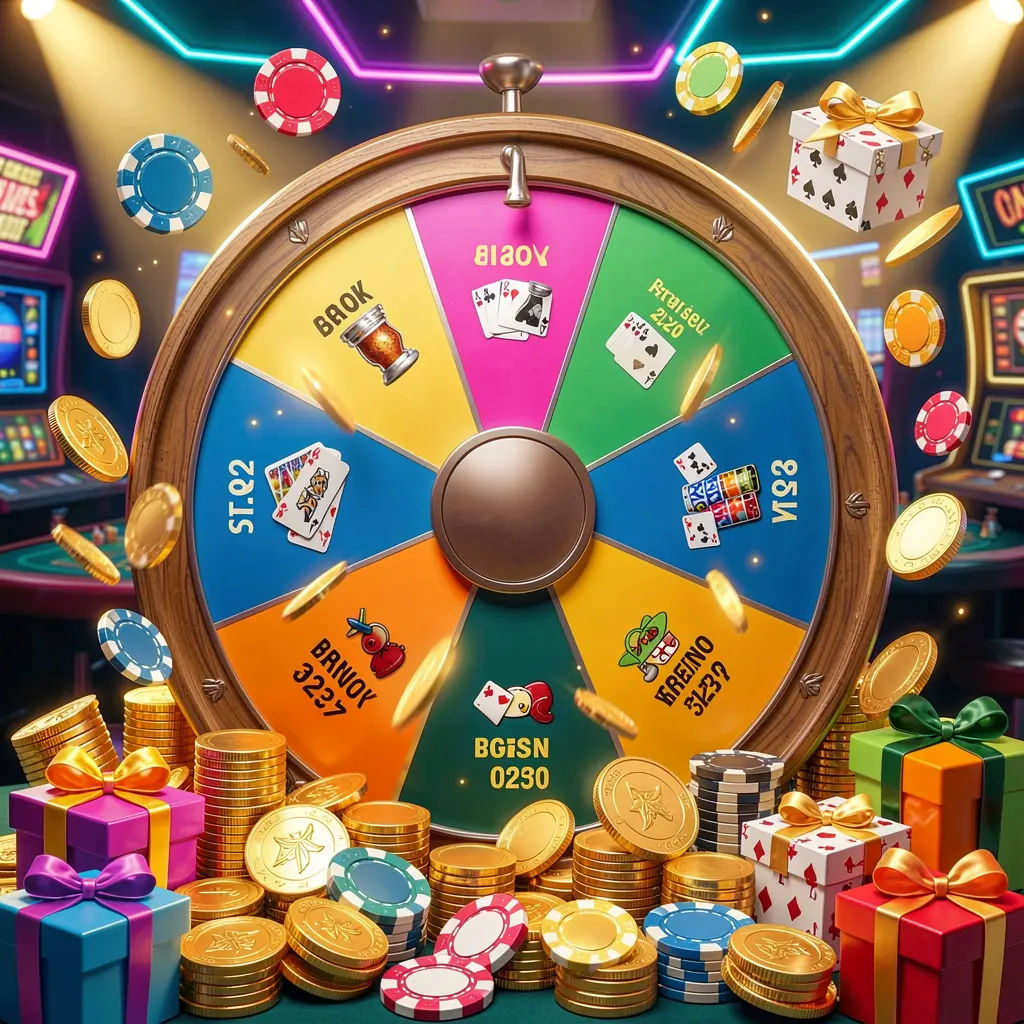 57 JL casino bonus wheel with colorful prize sections surrounded by golden coins, chips, and gift boxes under bright neon casino lights in a dynamic composition