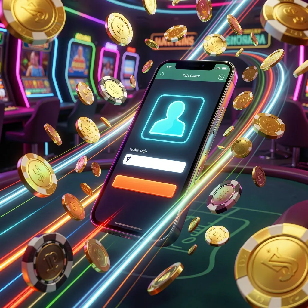 57 JL fast casino login banner featuring a smartphone with a bright user icon, speed light trails, and golden coins and chips flying around in a modern neon casino style
