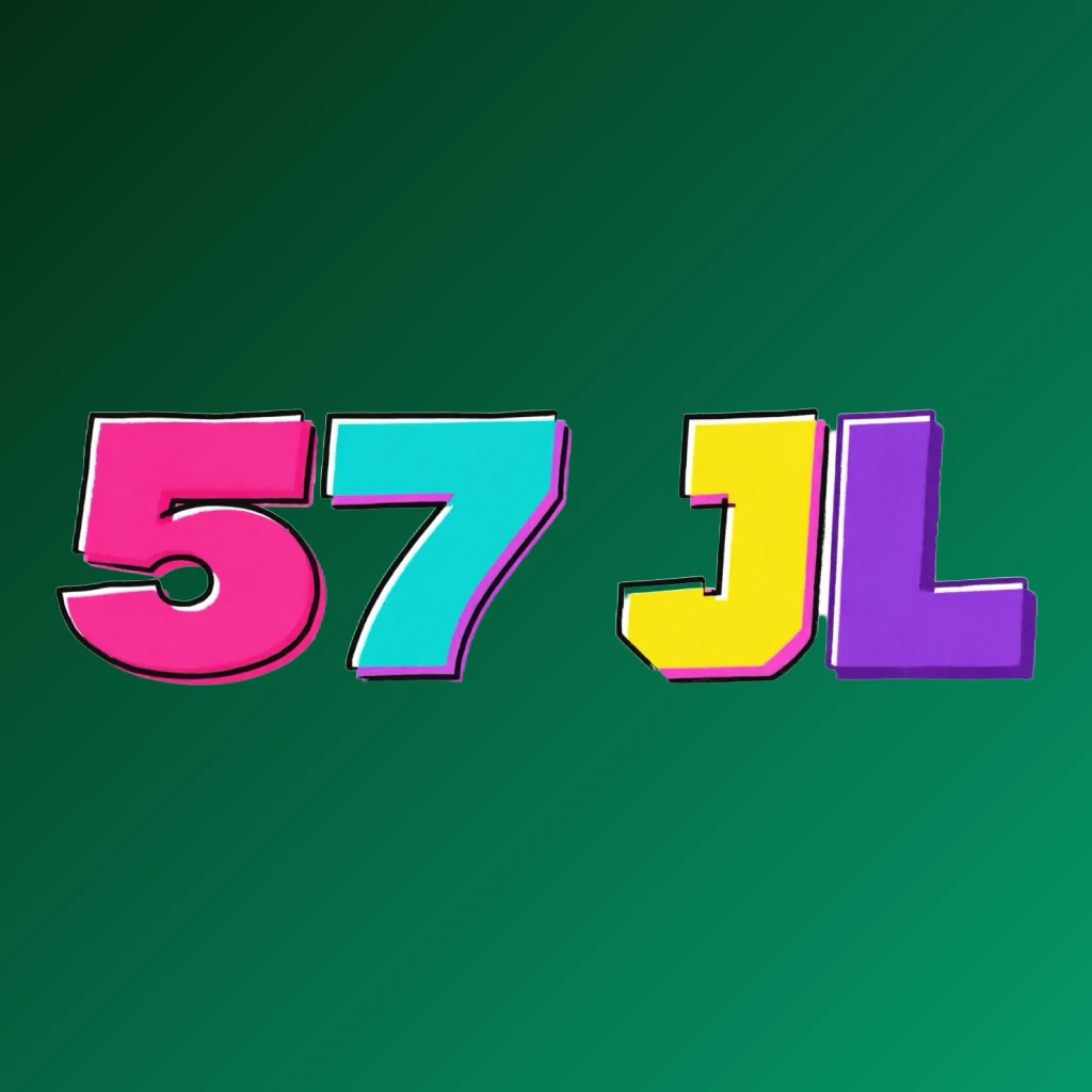 Bold arcade-style logo for 57 JL featuring chunky retro typography in bright pink, turquoise, yellow, and purple colors with a vibrant gaming atmosphere on a transparent background