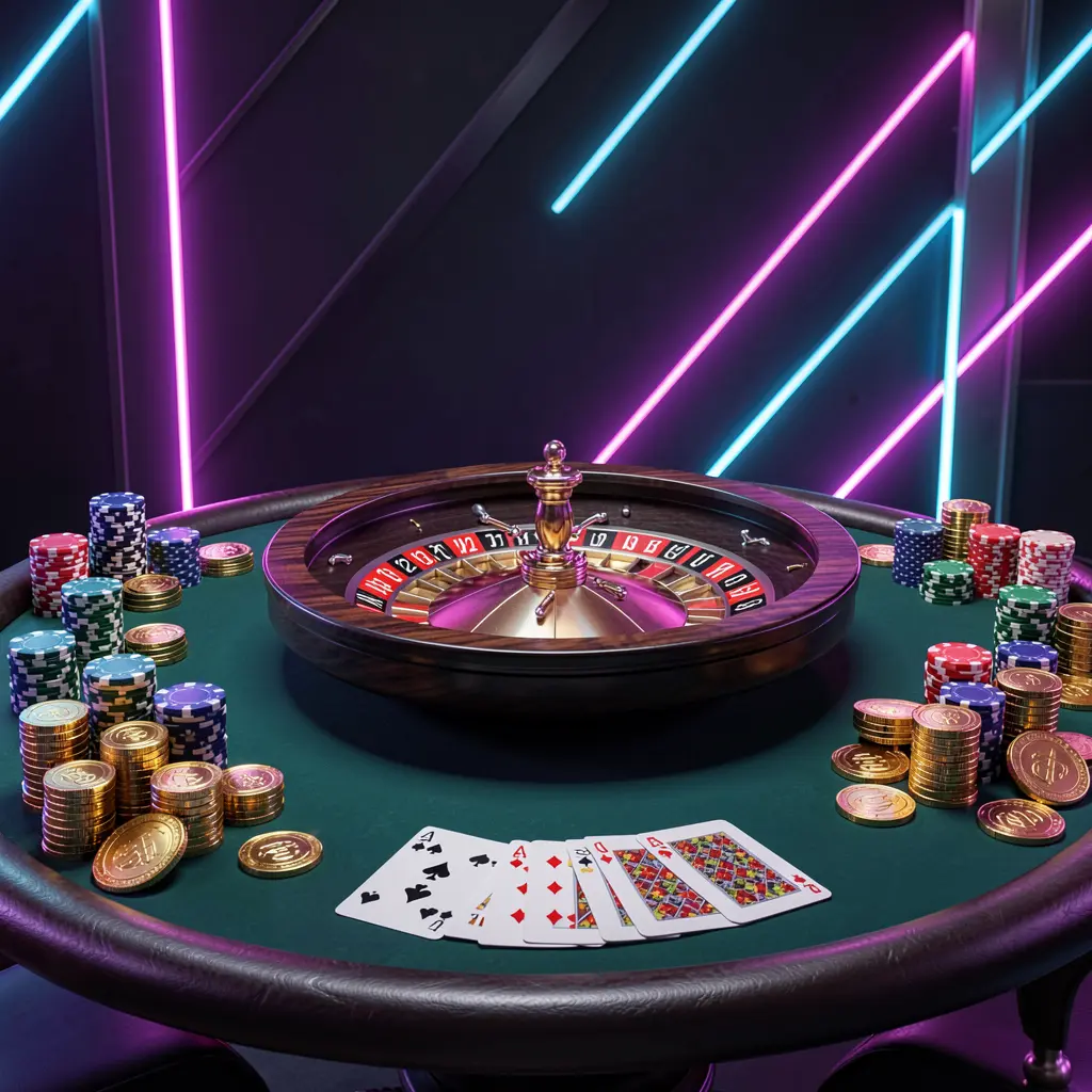 Luxury casino table with roulette wheel, poker chips, playing cards, and golden coins in a dark premium background with neon glow, showcasing 57 JL's online casino homepage hero banner for responsible gaming